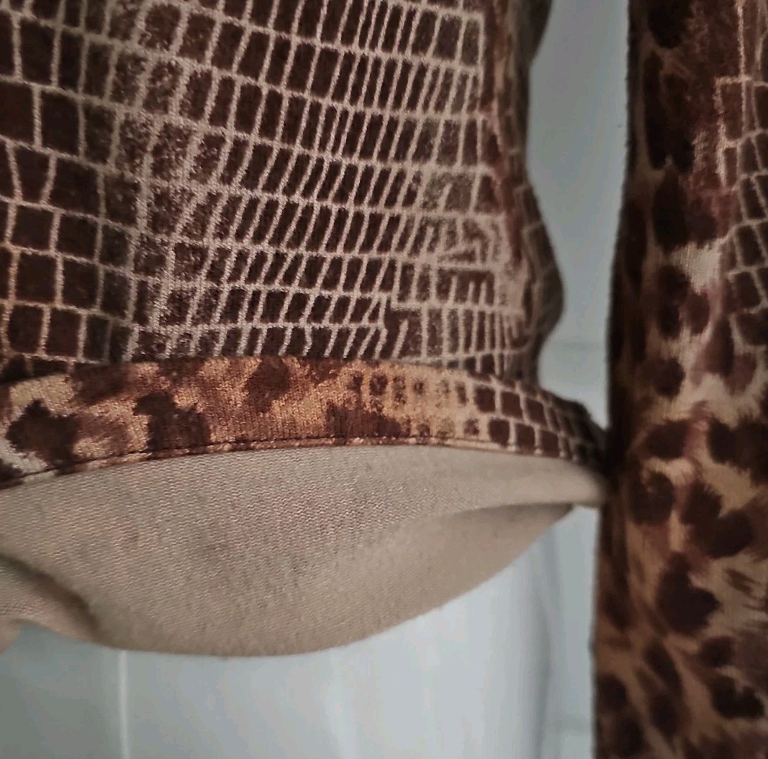 Vtg Y2K Mix Media Snake Leopard Print Mock Neck Faux Leather Panels Zip Sweater