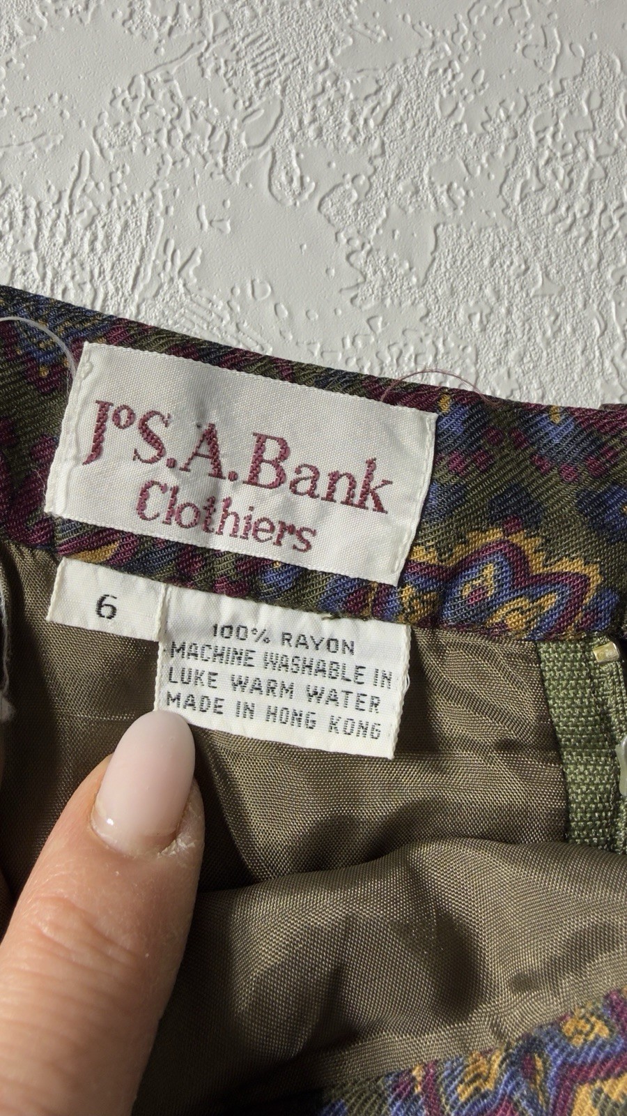 VTG Jos A Bank Skirt Suit 8 Rayon Burgundy GeometricP Paisley Mock Neck Jewish