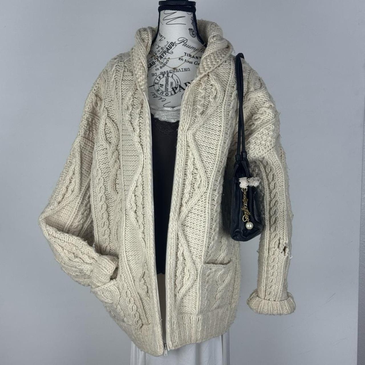 Hand Knit Aran Fisherman Cardigan Cream Cable Knit Wool Sweater Vintage L/XL