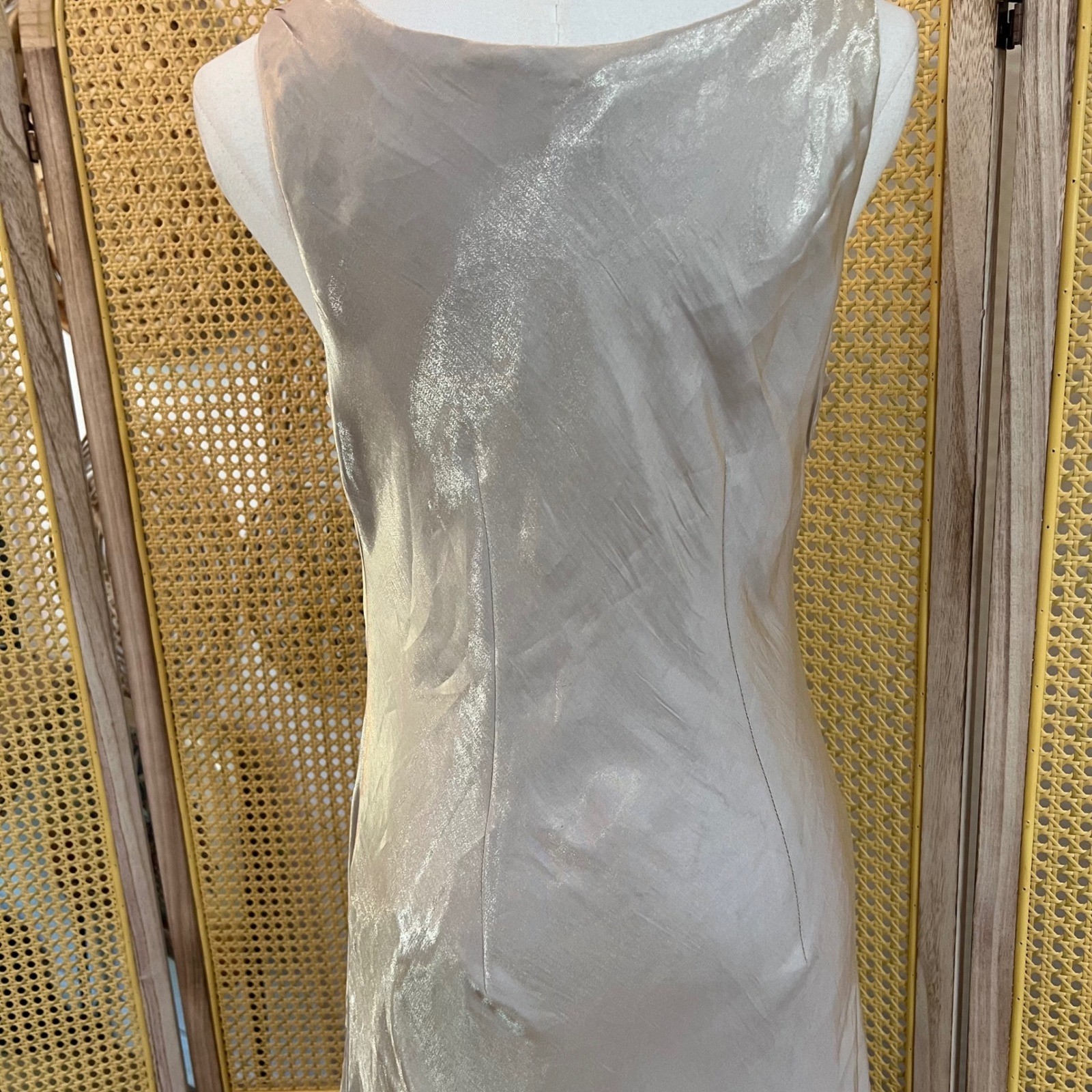 Vintage Alex Evenings Champagne Metallic Rayon Slip Maxi Dress 90s Formal 12