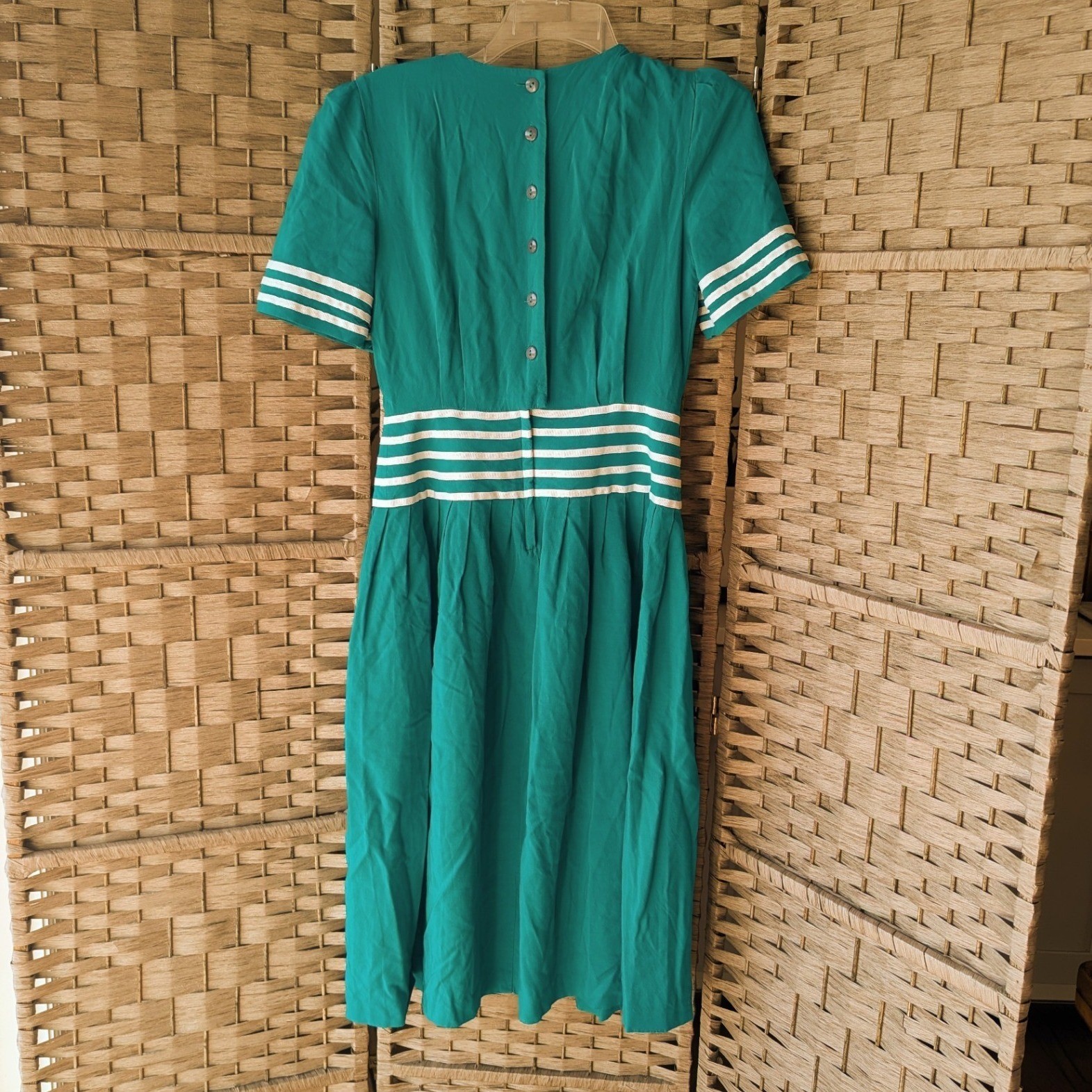 Vtg 80s Teal Striped Nautical Midi Fit & Flare Dress Pleated Short Sleeve Sz 4