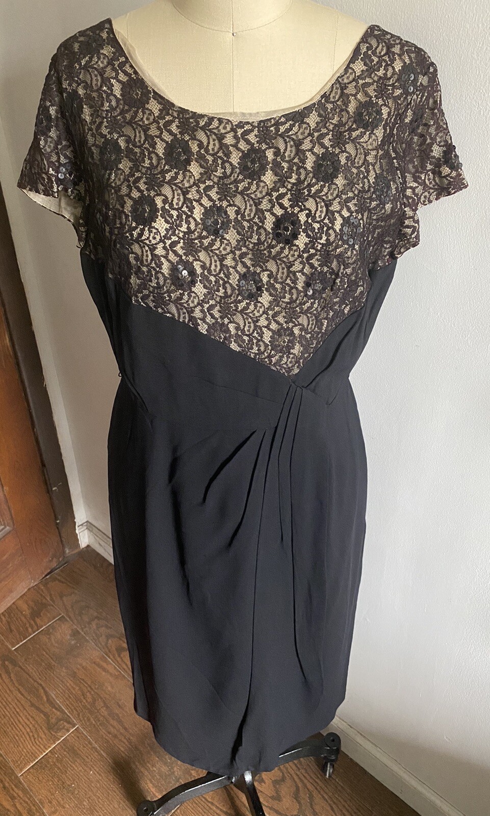 Vintage A Grace Adams Original Dress Lace Union Label Black SS Faux Wrap Med/LG
