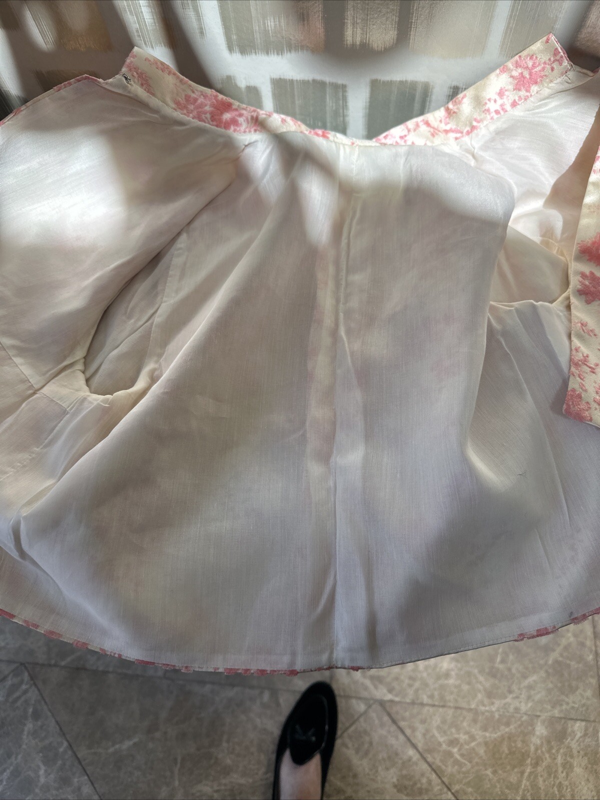 Vintage 60s Cream Satin & Pink Velvet Flocking Evening Gown With Jacket Size 6