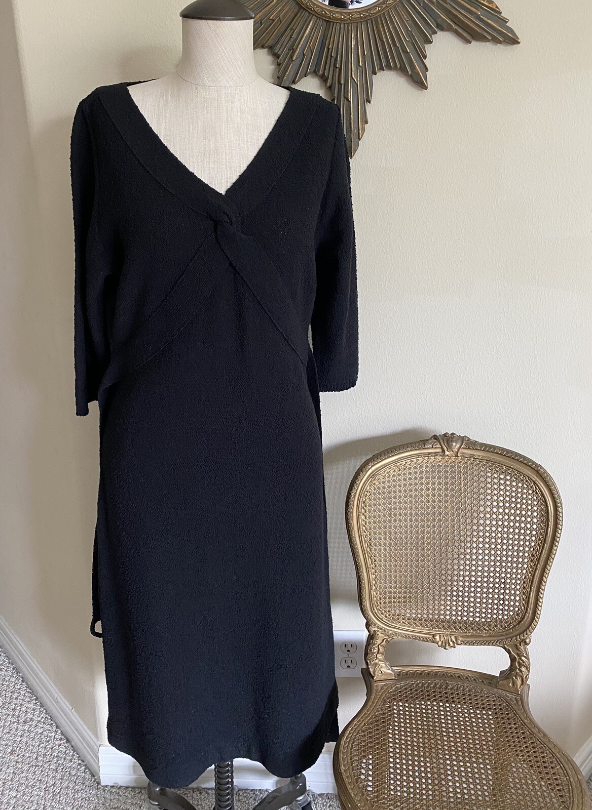 1930s Rare Black Hand-Knit Dress by Marinette w/ Belt
