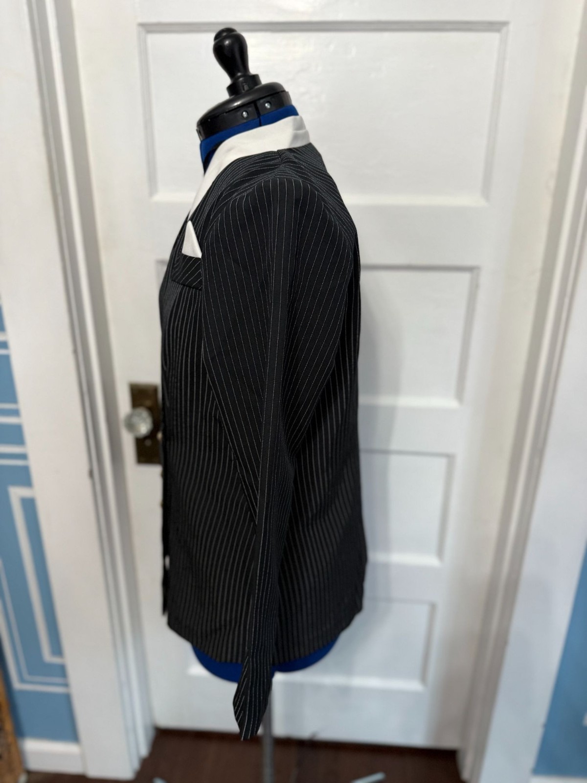 VTG 90s Black + Pinstriped Blazer Pearl Buttons Shoulder Pads, Attached Shirt