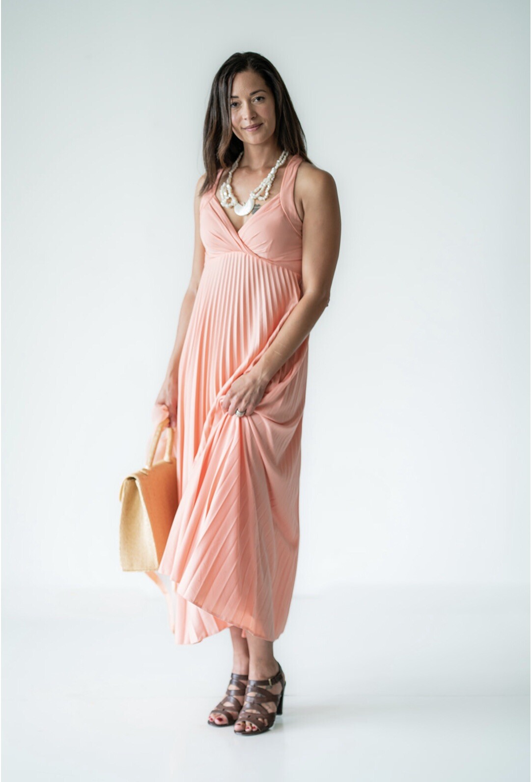 Vintage 70’s Peach Accordion Dress With Chiffon Caplet