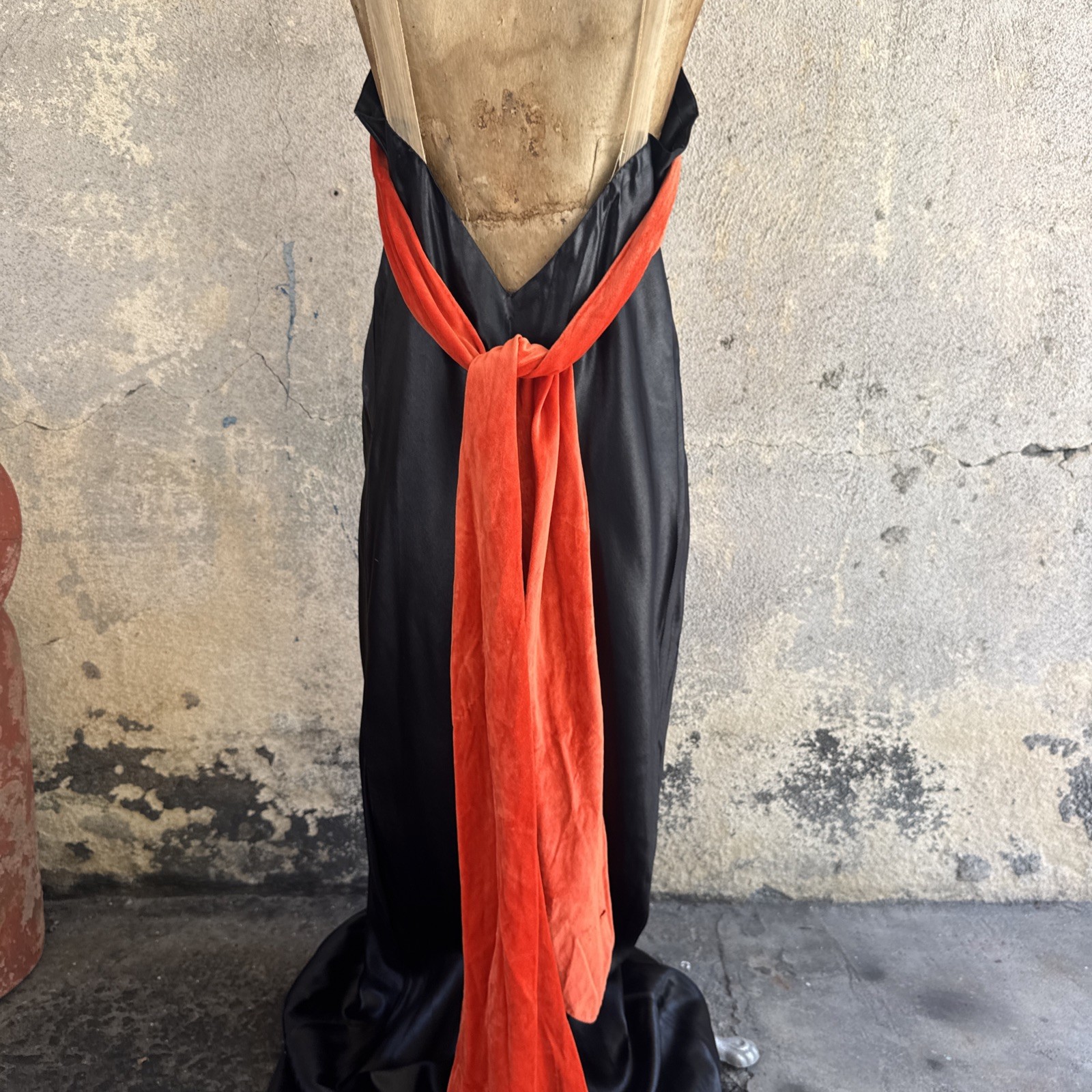 Vintage 1930s Black Silk Satin Dress Orange Silk Velvet Bow Wrap Lace Trim Bias