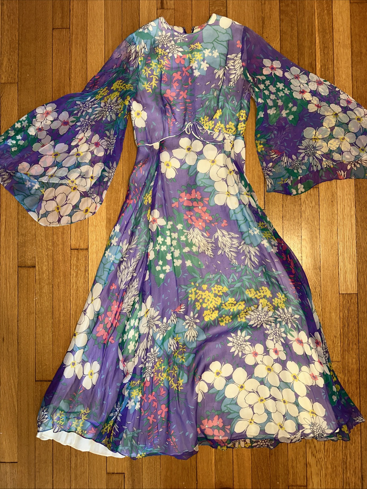 Vintage 60s 70s Parues Feinstein Flowy Flower Purple Long Dress Floral Sheer