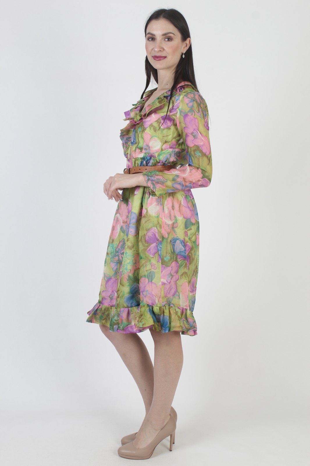 Vtg 60s Romantic Floral Dress Spring Pastel Garden Ruffle Knee Length Gown