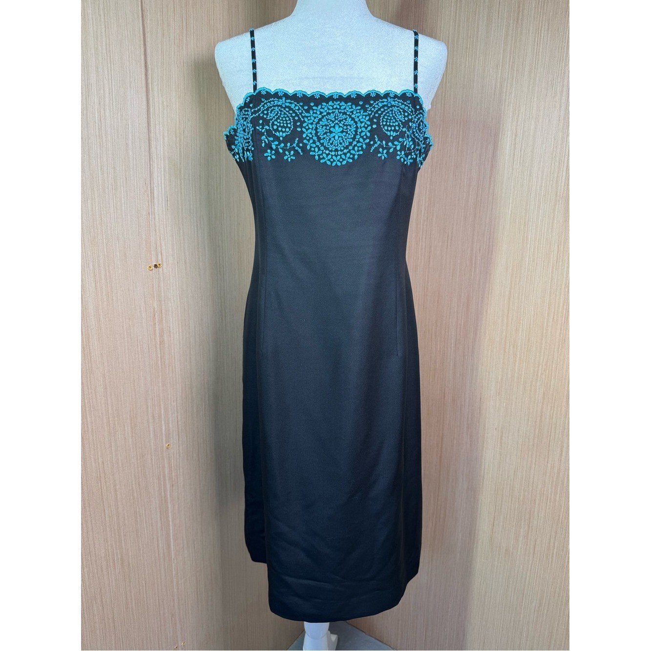 Ann Taylor 100% Dupioni Silk Black Slip Dress Beaded Bodice Straps Sz 10 Vintage