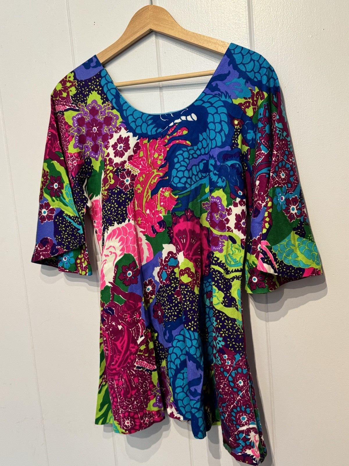 Vintage Psychedelic Dragon Print Acrylic Barkcloth Micro Dress Tunic Top