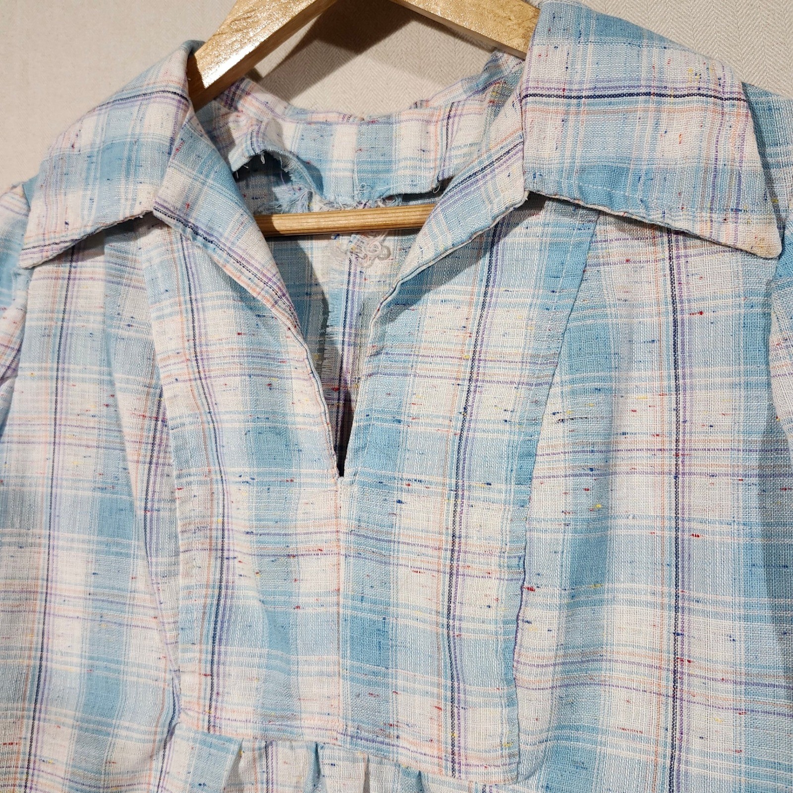 Handmade Vintage Blue Plaid Tunic Top Short Sleeve V-Neck Rainbow 70s Retro Boho