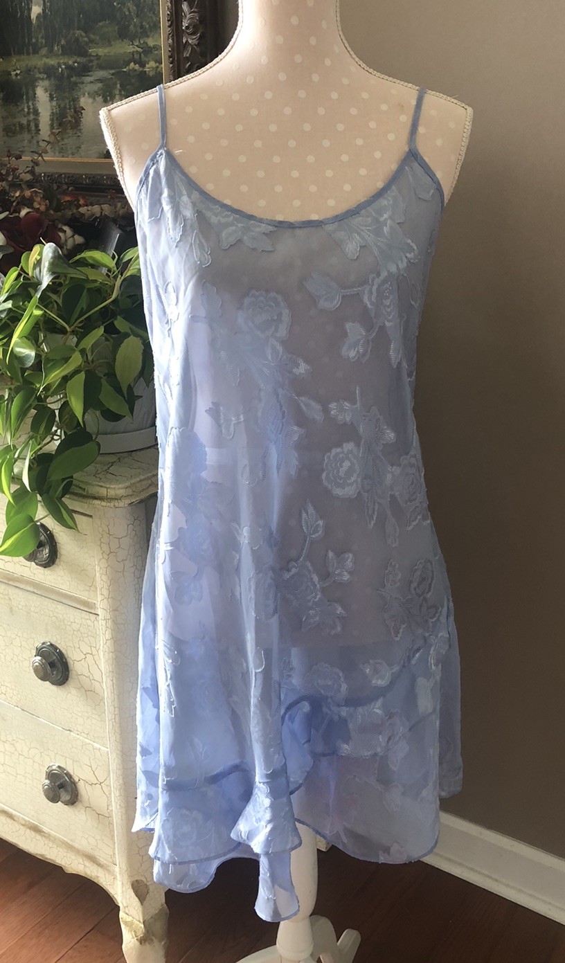 Vtg Secret Treasures Babydoll Gown Nightgown Sheer Blue Floral Ruffles Women XL