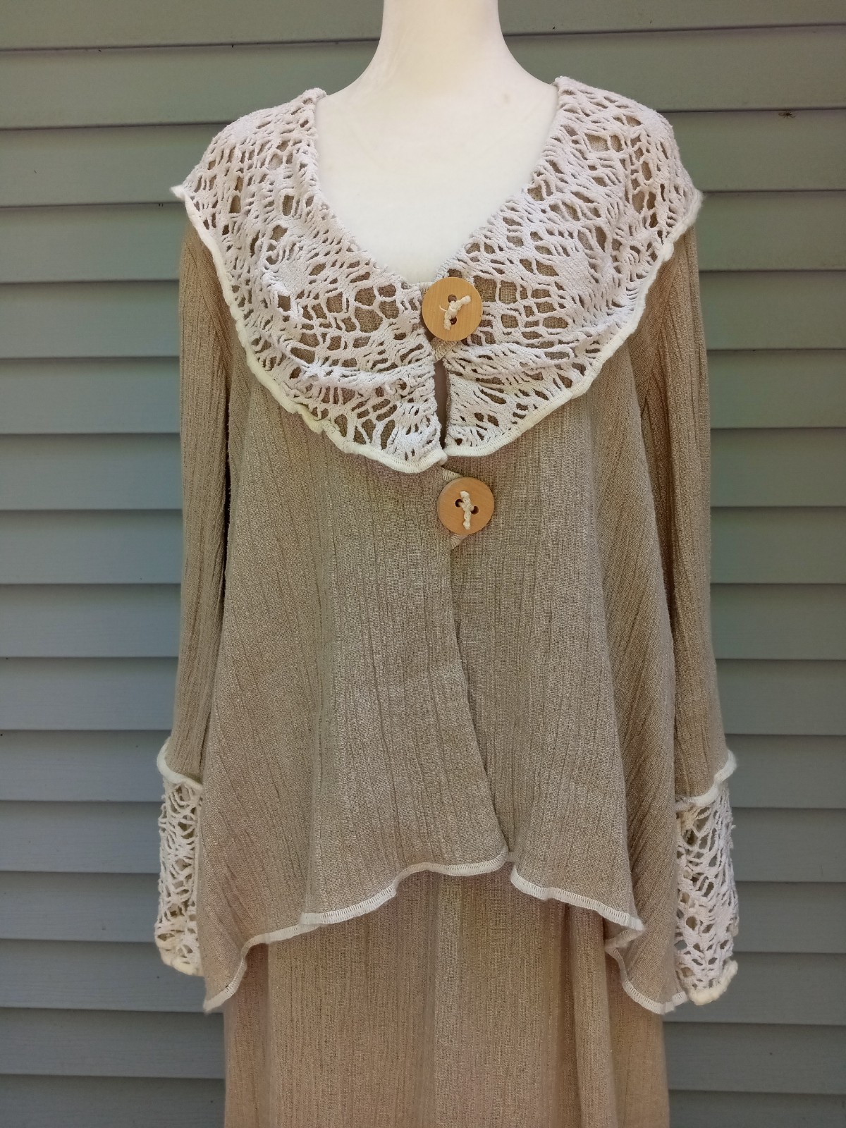 VTG EU SKIRT SUIT CRINKLED LINEN CROCHET BOHO HIPPIE PEASANT OVERSIZED fits L-XL
