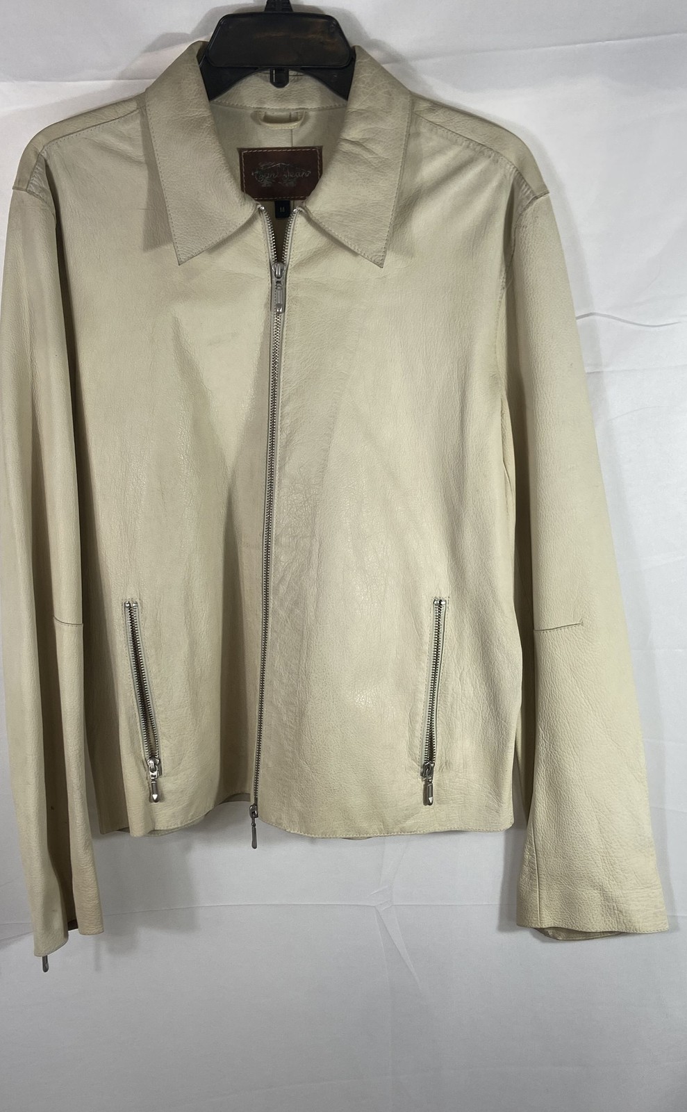 Earl Jean Women’s Tan Pebbled Leather Full Zip Moto Jacket Sz M Vintage Y2K