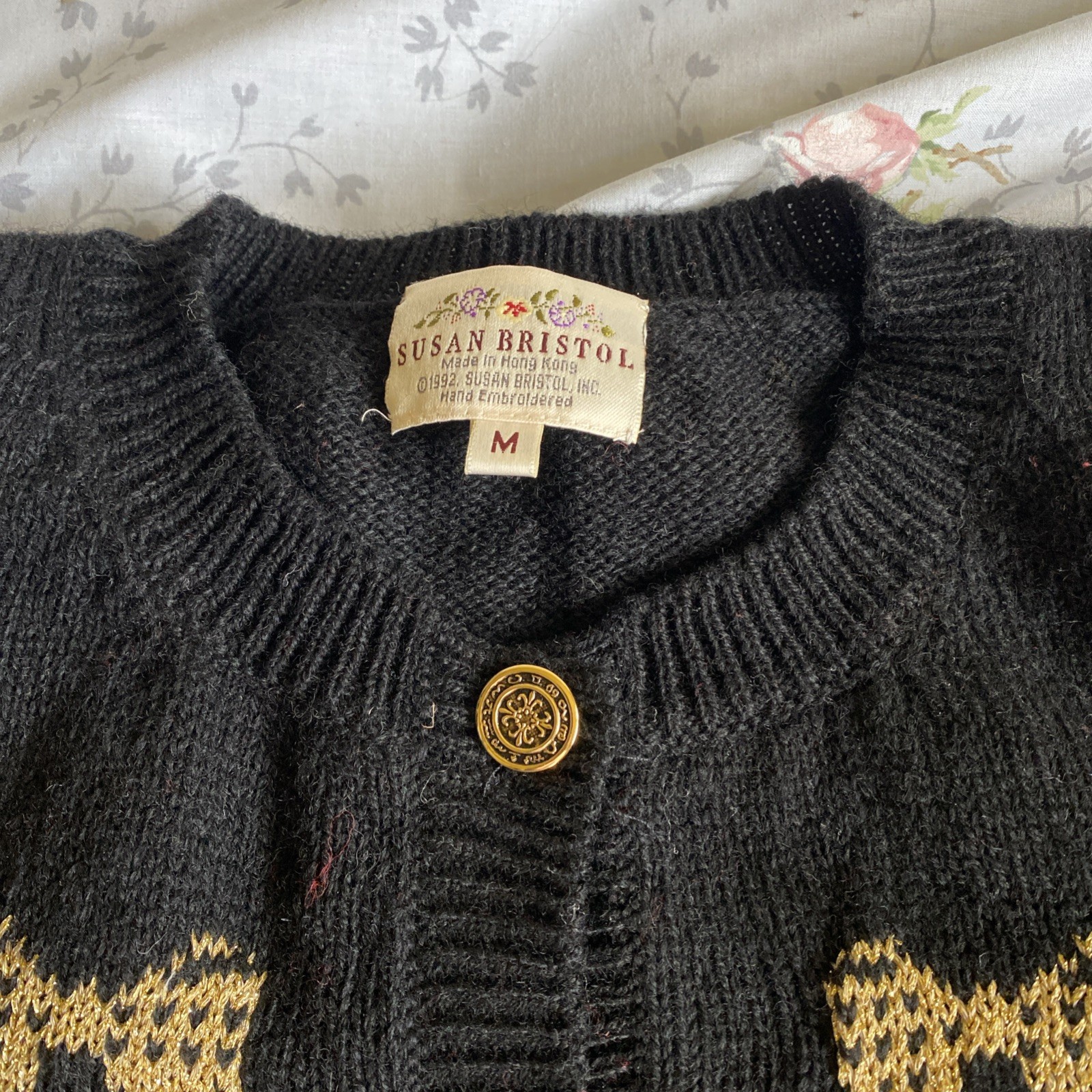 Vintage 90s Susan Bristol Black Scottish Dancer Plaid Warm Cardigan Sweater Sz M