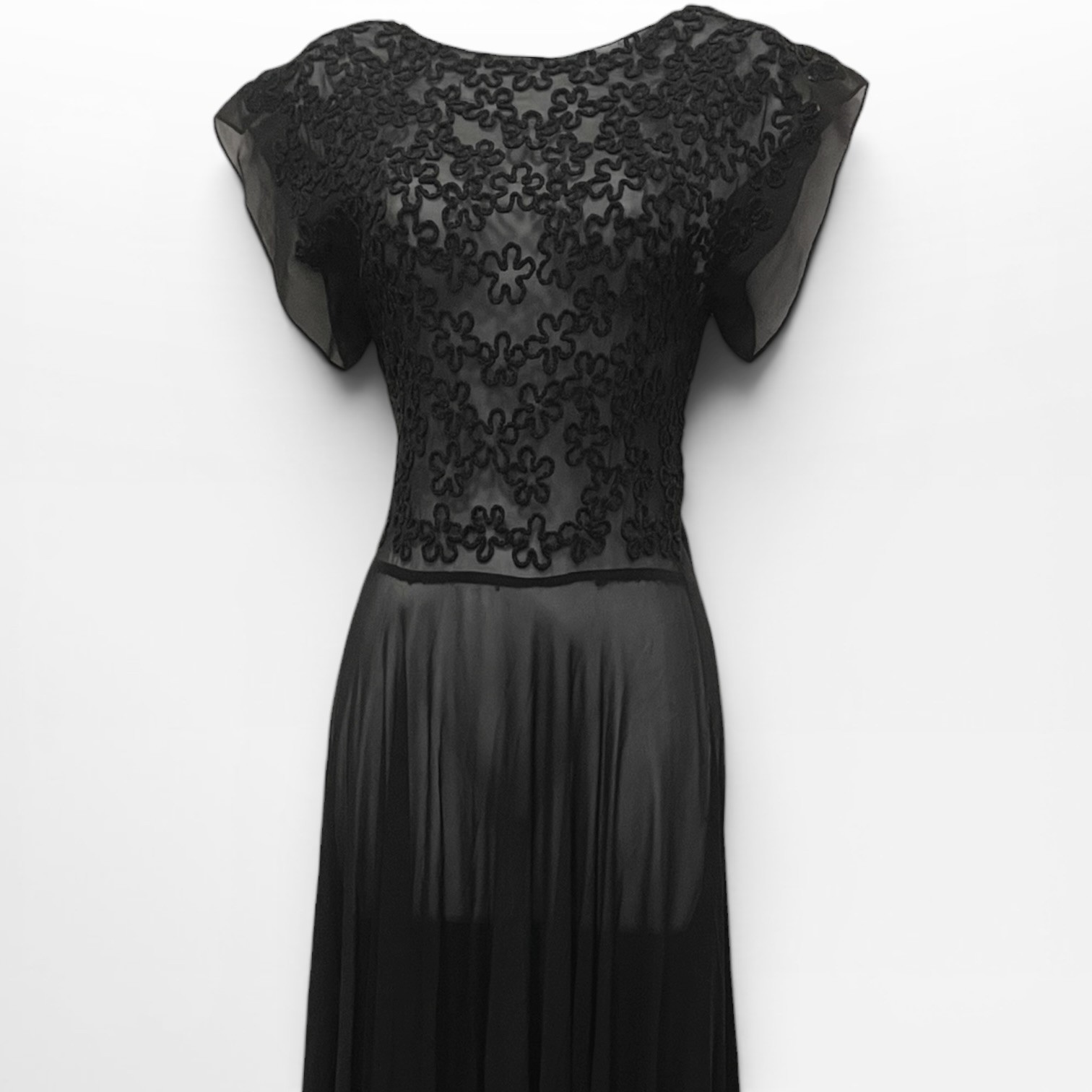 Vintage 1930s Black Chiffon Soutache Evening Gown Sheer Flutter Sleeve Dress
