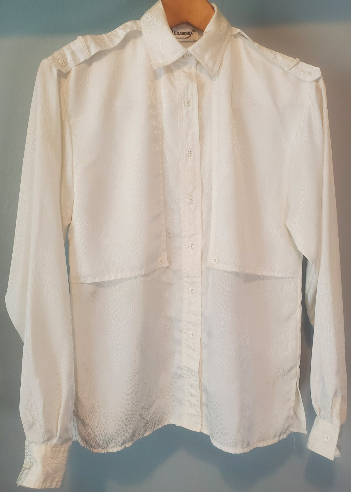 Vintage Alexandria White Snake Print Satin Blouse Epaulettes Hong Kong Size 4