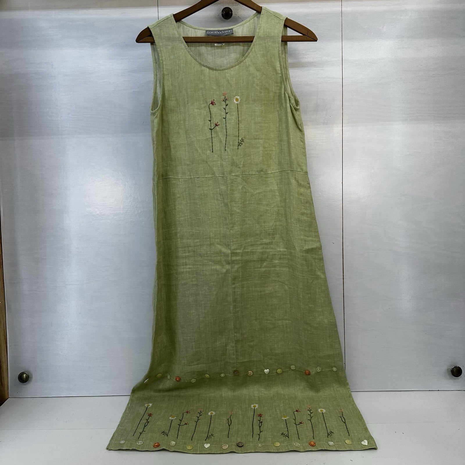 VTG CarolAnderson Linen Green Embroidered Dress USA Cottagecore Prairie M READ