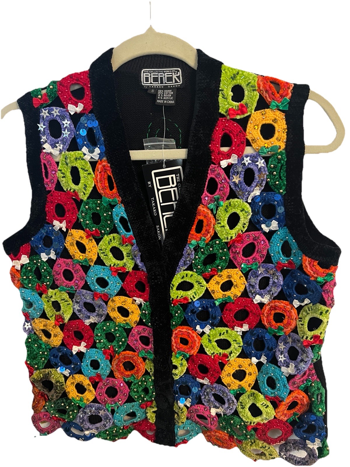 New Vintage Berek Holiday Christmas Vest Embellished Sparkly Wreaths Bows S
