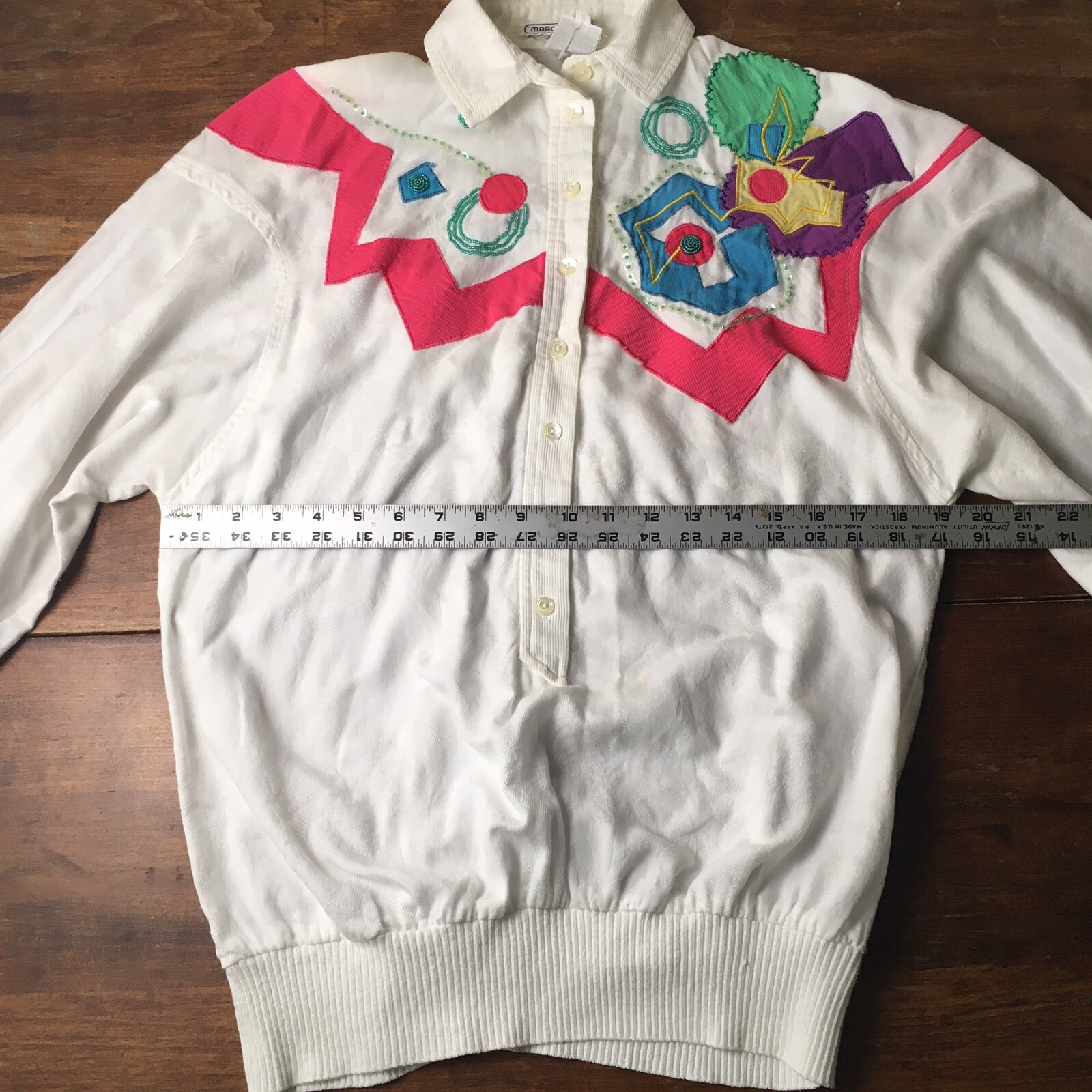 Marc D’alcy White Blouse With Geometric Patches and Beads 1980s Vintage