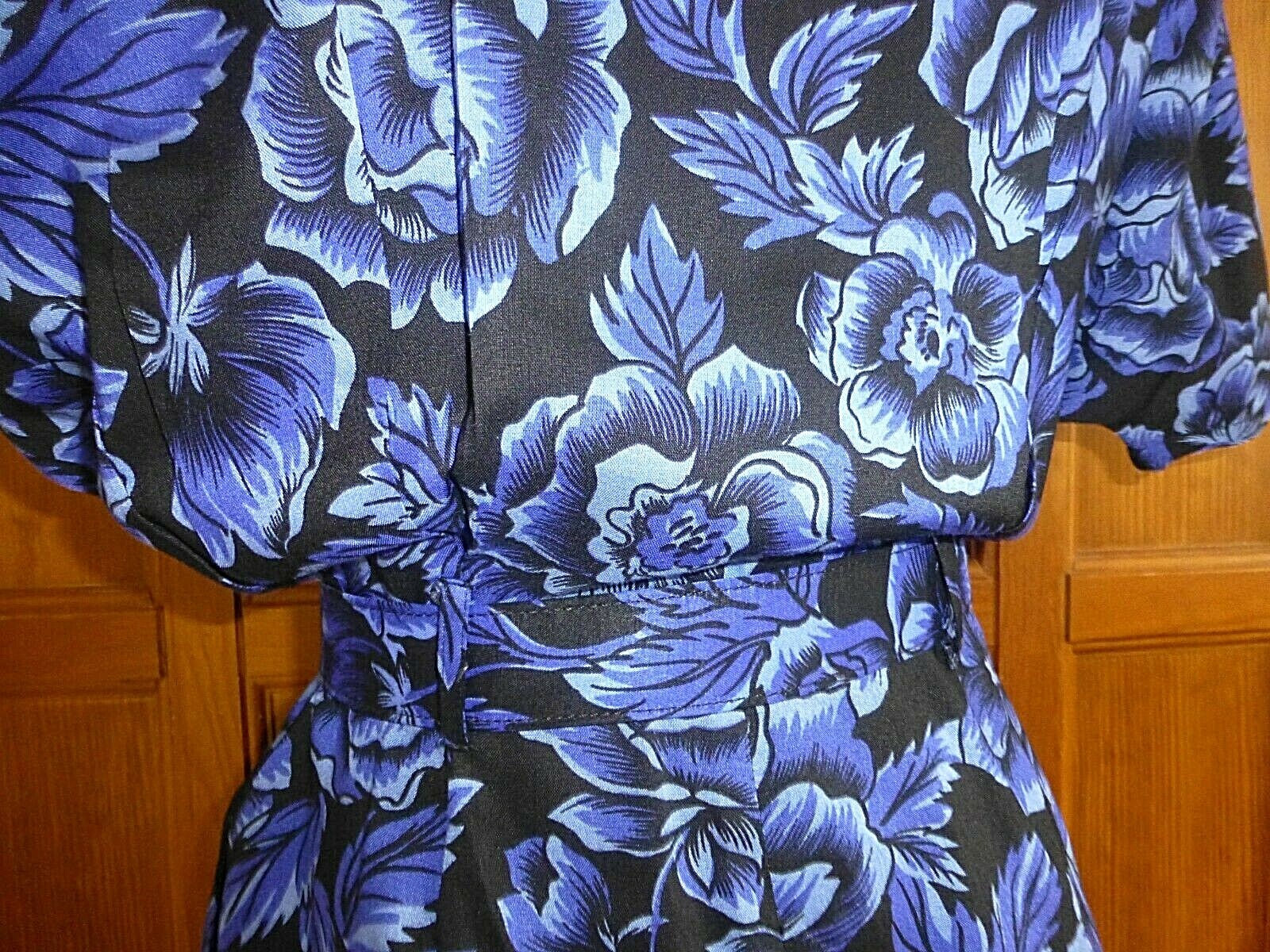 VTG 80s Midnight Floral Garden Print Dolman Slv midi BoHo Belted DRESS pockets
