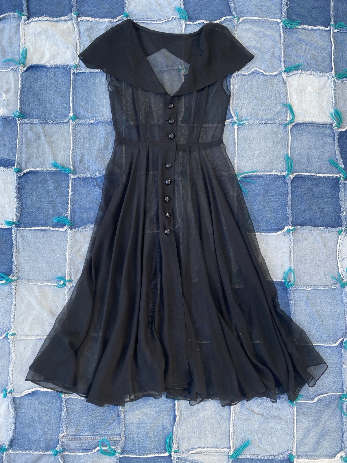 30s/40s Sheer Black Evening Dress 28W Capelet Sleeves Full Button Front Vintage