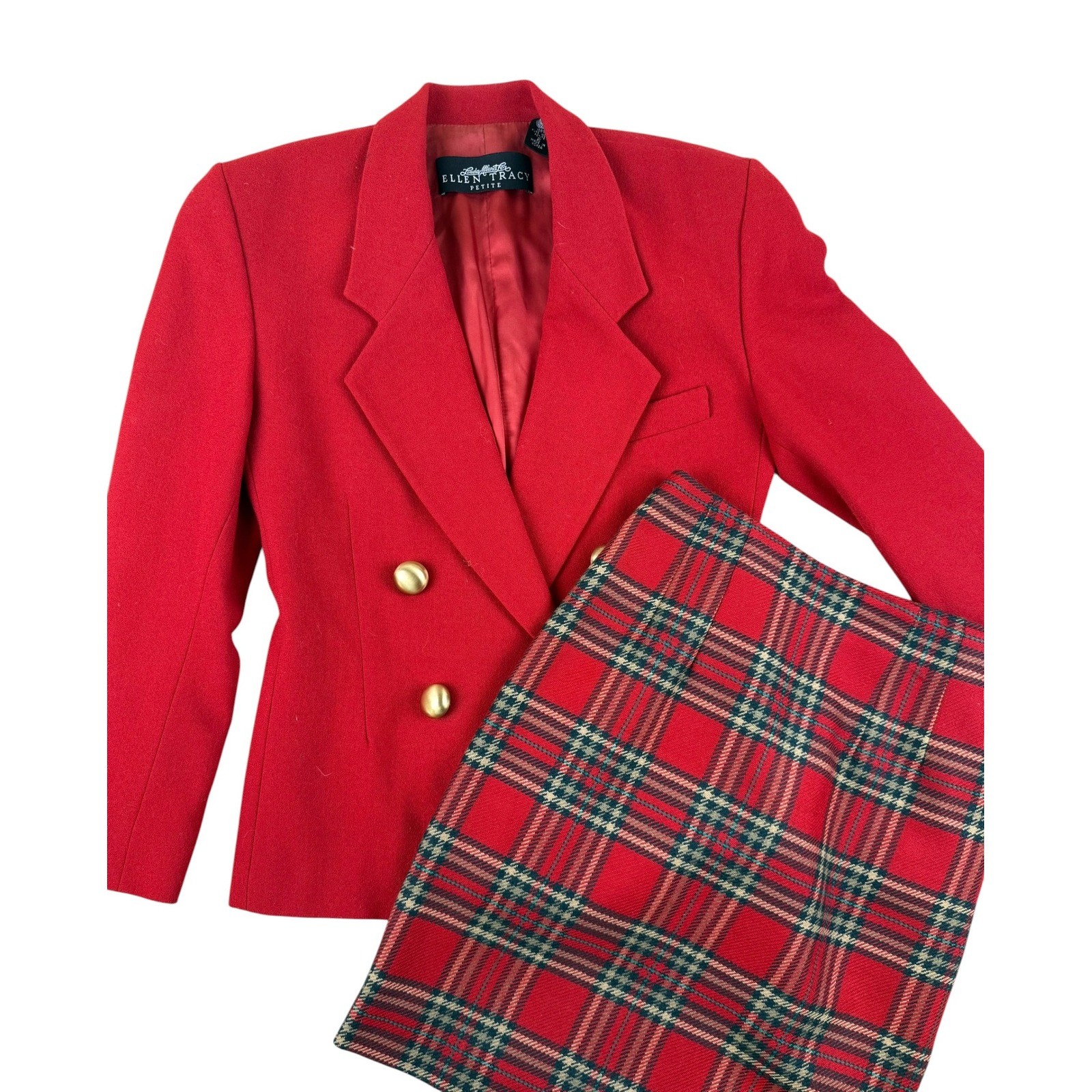 Vintage Preppy Skirt Suit Wool Cashmere Plaid Set 2P Ellen Tracy