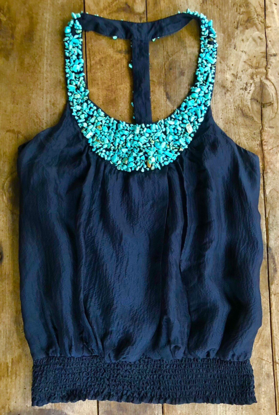Vtg BEBE 90’s Faux TURQUOISE Beaded BOHO HIPPIE Black Silk HALTER TOP S(Offer