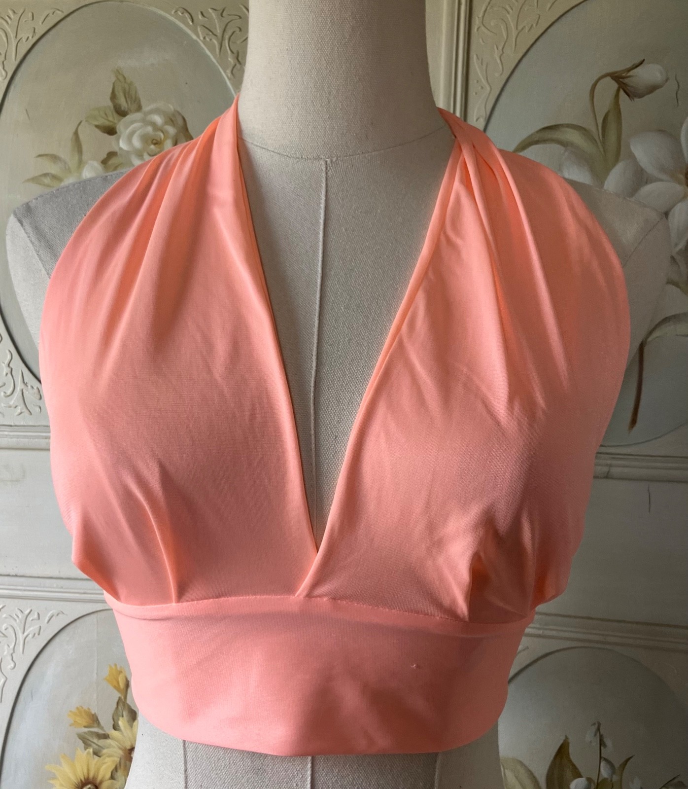 VTG 70s ORANGE SHERBET HALTER TIE TOP WRAP CROP NYLON KNIT UNION/USA-MADE EUC M