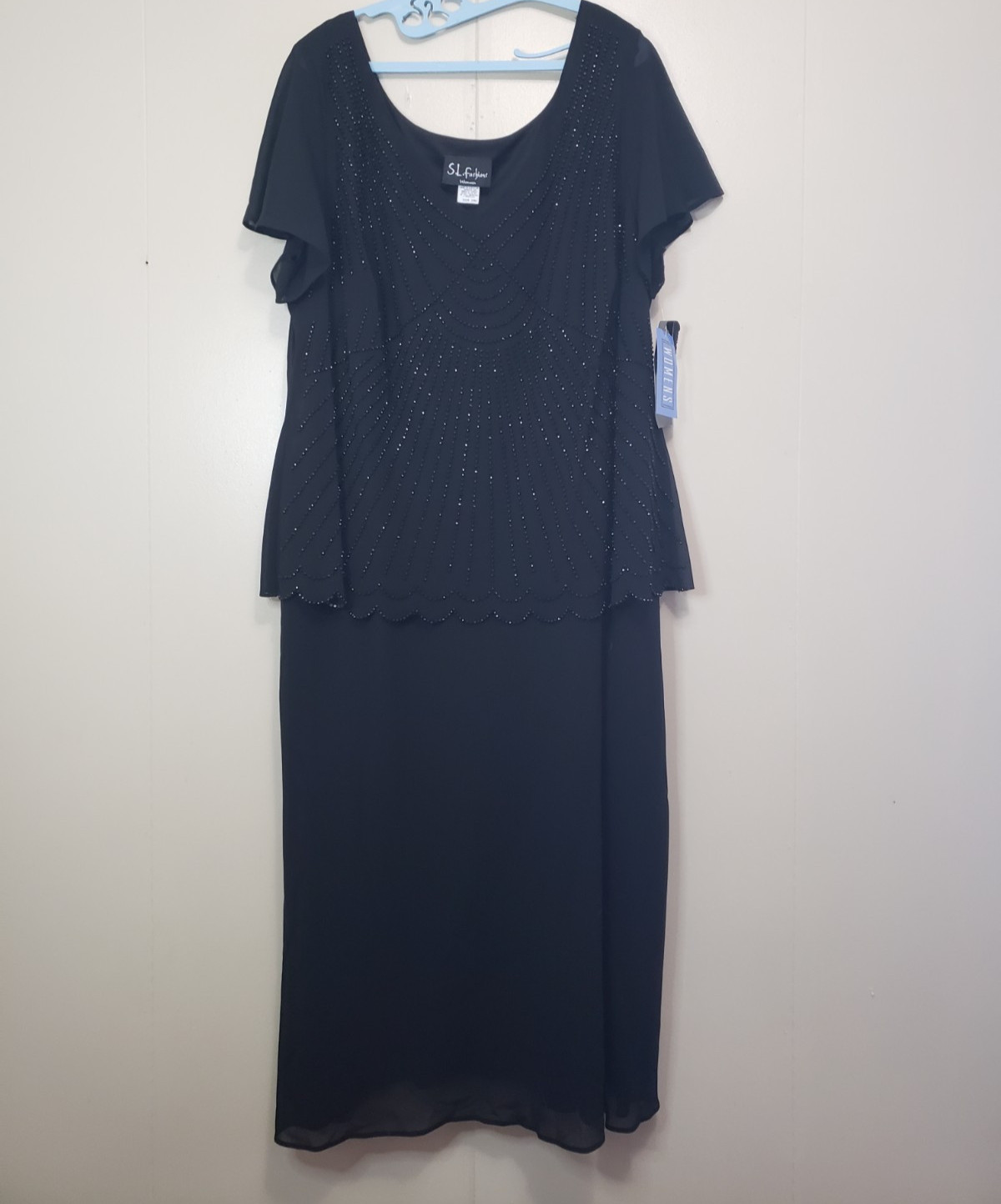 VTG S.L. Fashions Womens Plus 24W Midi Dress Black Beaded Popover Georgette NWT