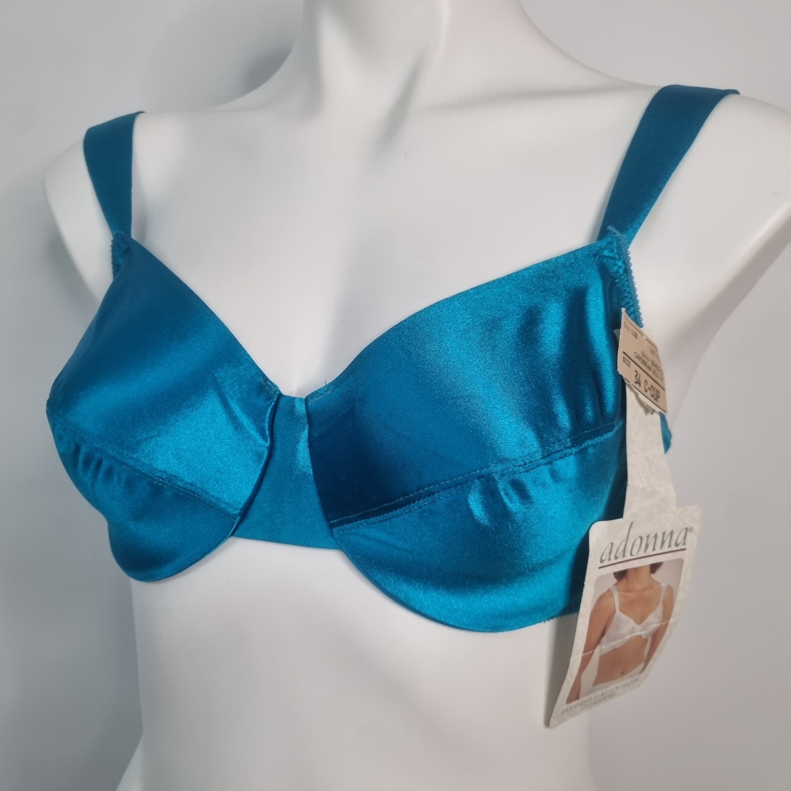 VTG NWT Adonna Second Skin Satin Bra Blue Aqua Unlined Wired Shiny Glossy 34C