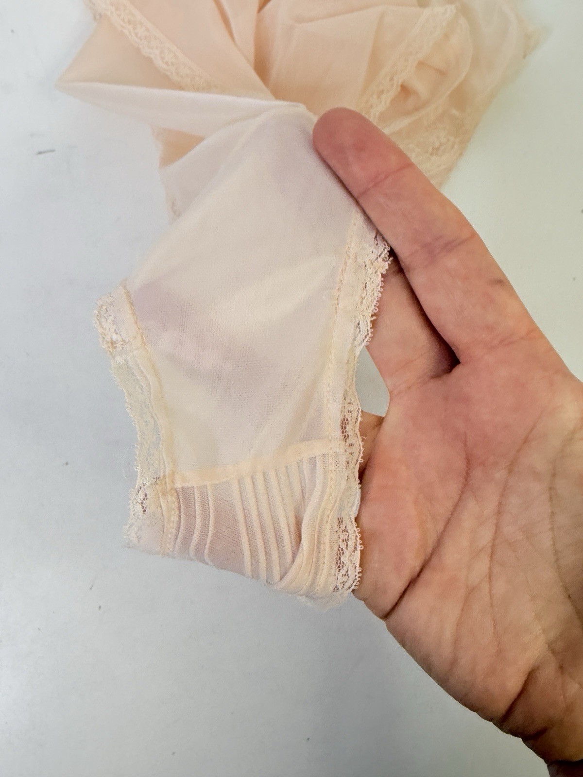 Vintage Silky Nylon Sheer Chiffon Lace Granny Gusset OLGA Panties NUDE M