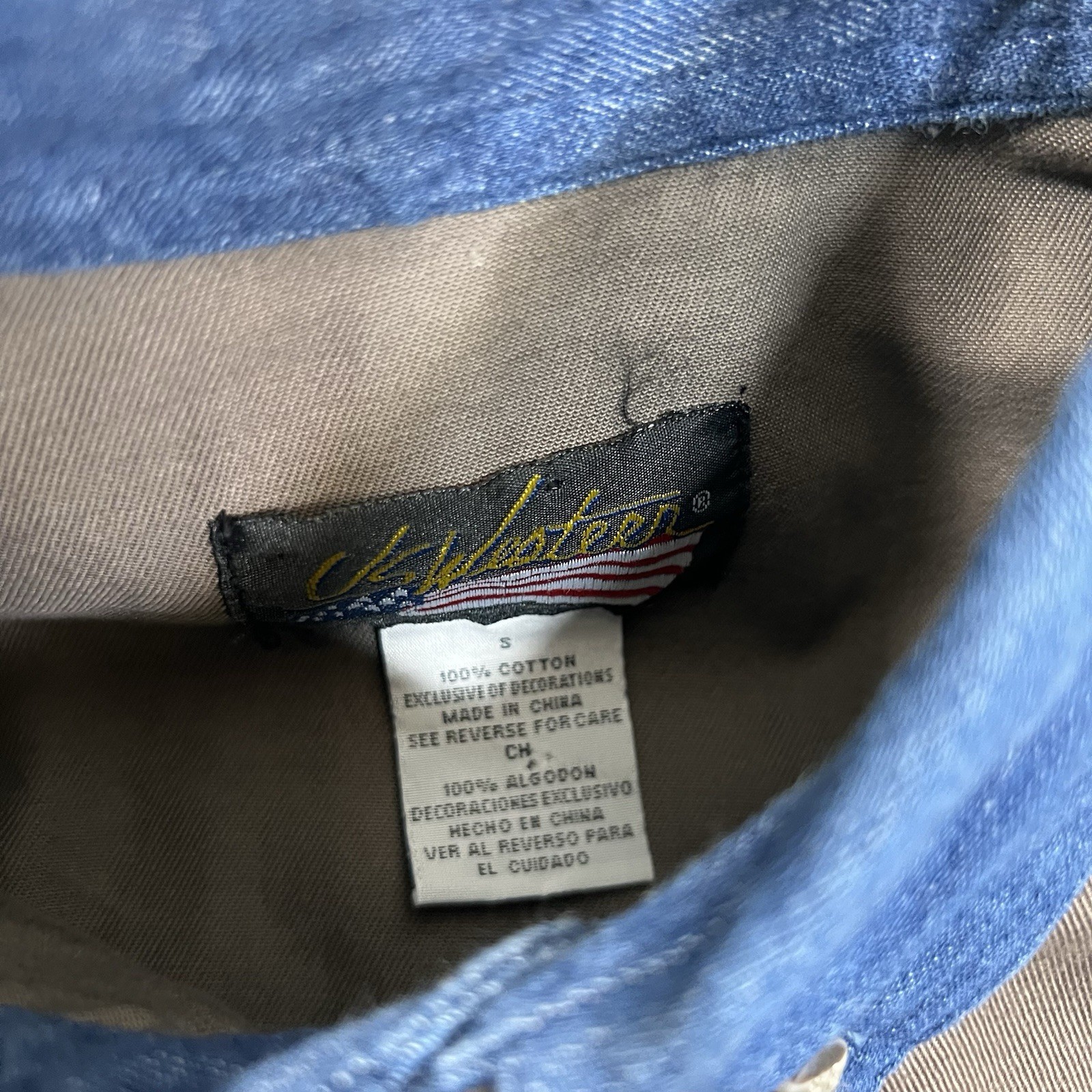 Vintage Western Shirt SM Canvas Denim Button Up Color Block Bull Rider Logo 80s