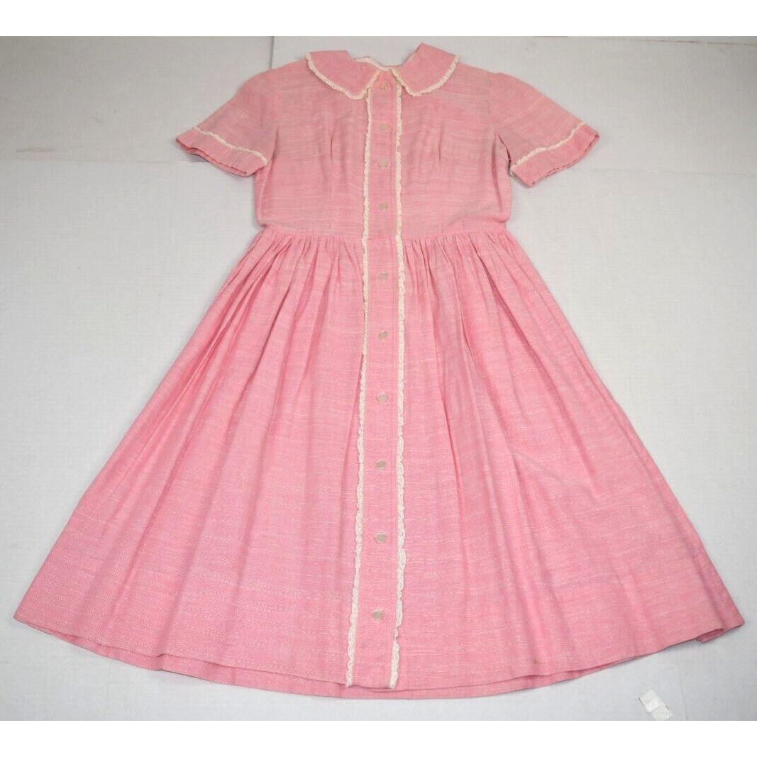 Vintage Midi Dress Size S/M 50s Cotton Candy Pink White Lace Trim Heart Buttons
