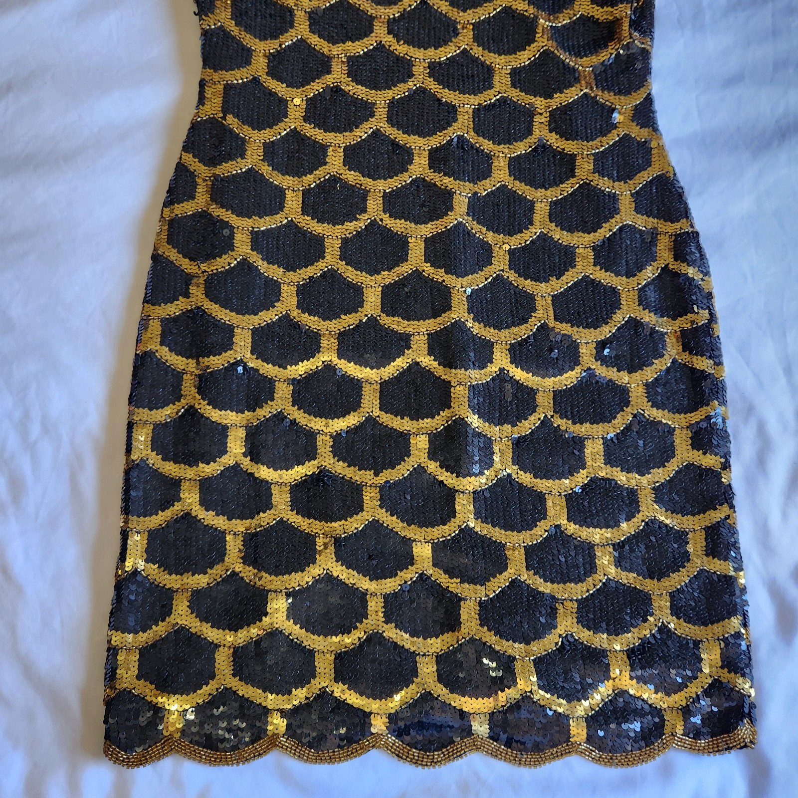 Vintage 80’s Scalloped Sequin Black Gold Silk Dress as seen on Katy Perry Size S