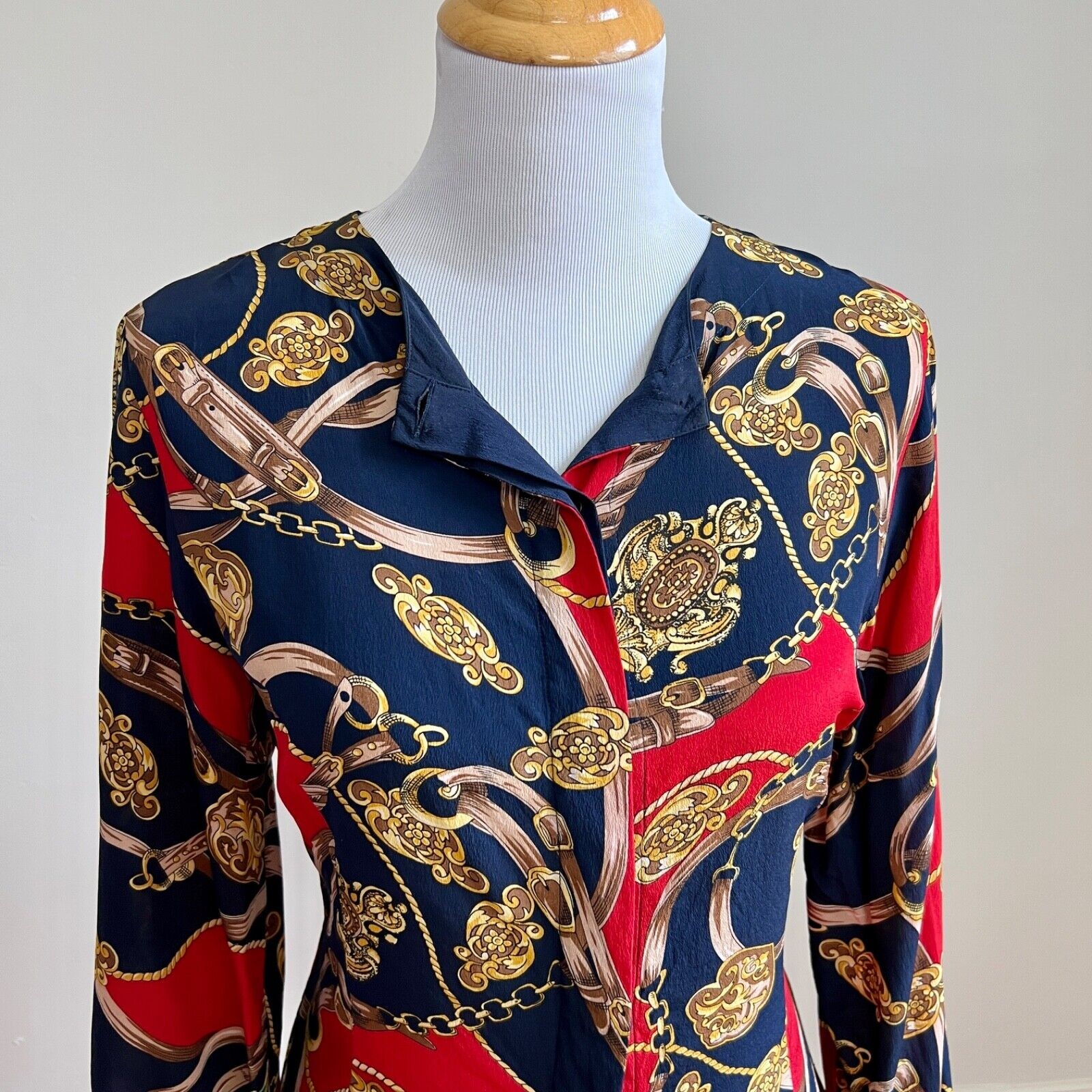 Vintage 90s Stephanie Andrews Silk Shirt Equestrian Print Blouse Navy Red M