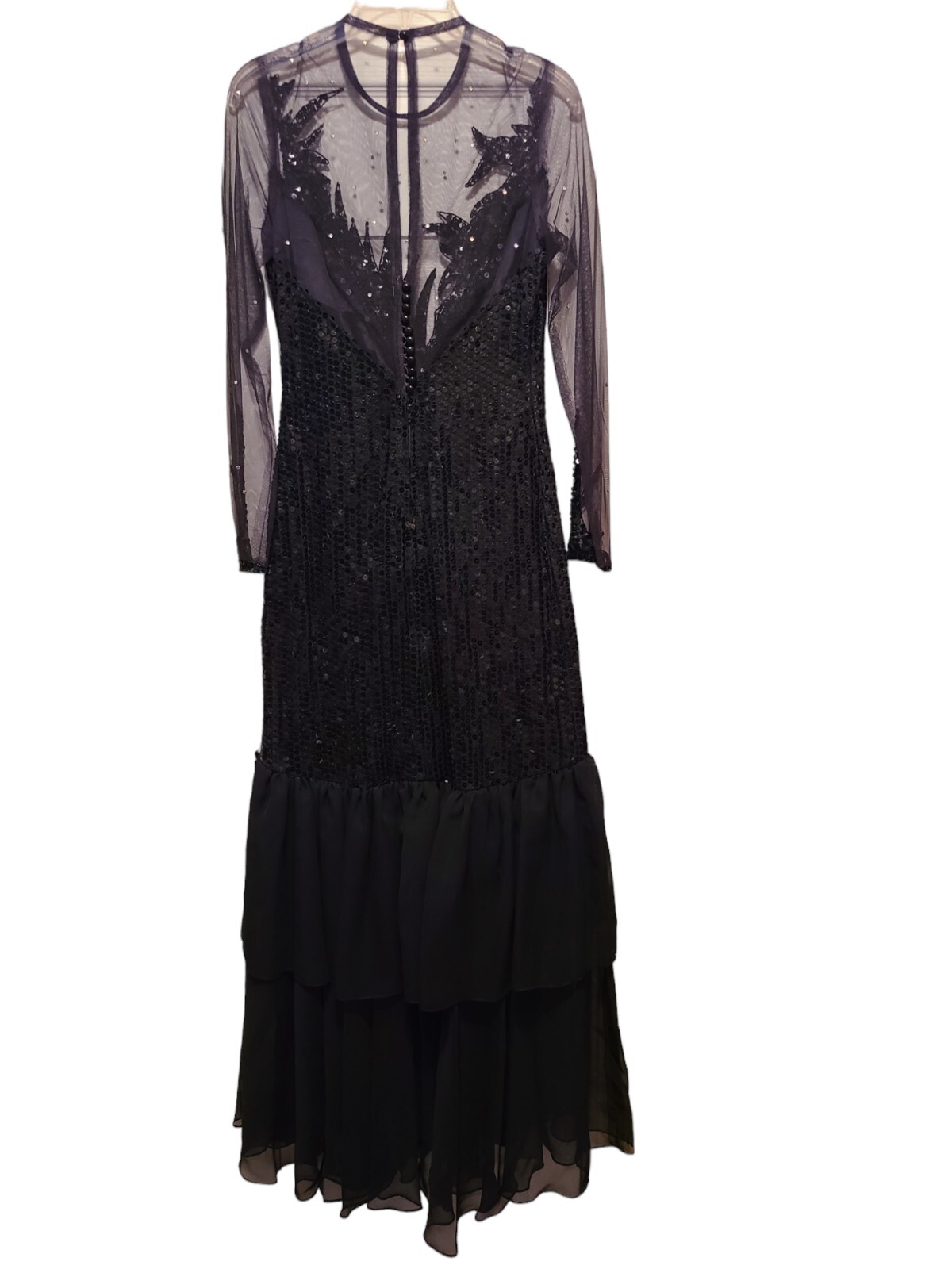 Sequined Evening Cocktail Dress Black With Chiffon Tier Skirt ILGWU USA Vintage