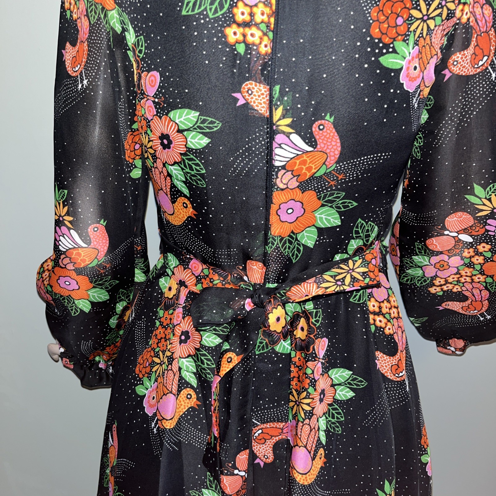 Vintage 70s European Floral Bird Hippie Mod Mini Dress Sheer Puff Sleeve Folk M