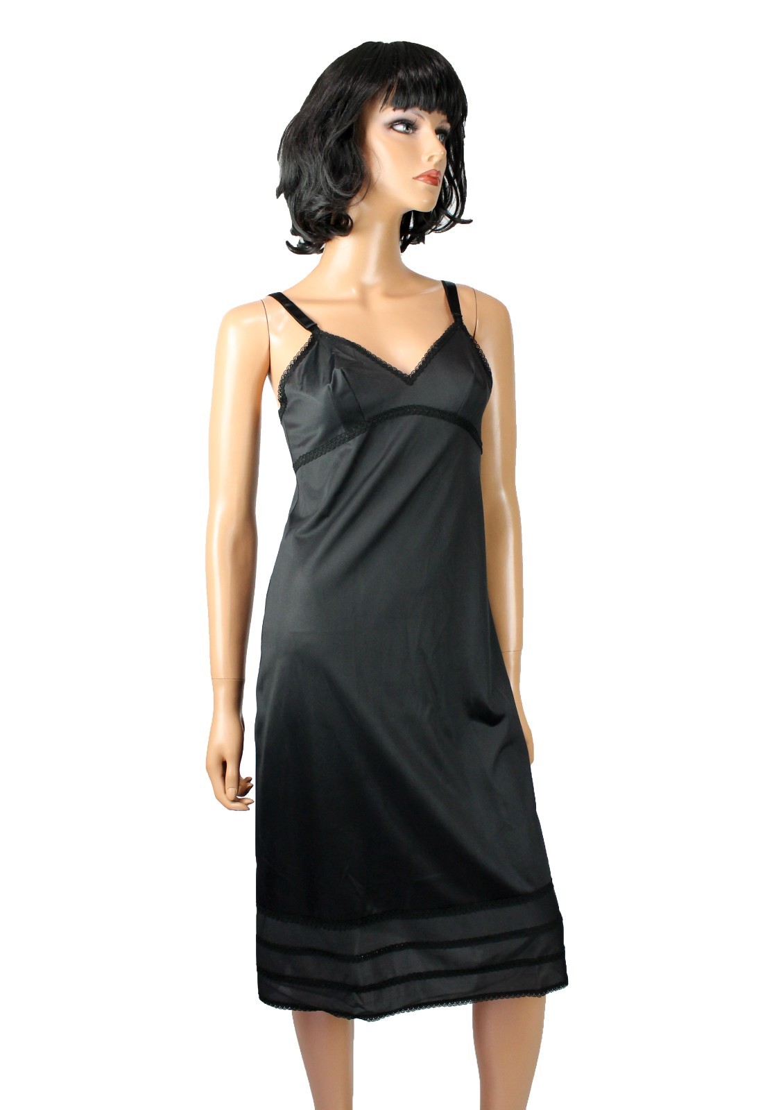 70s Full Dress Slip 32 Tall Vintage Lorraine Black Lace Trim Tiered Snip It Hem