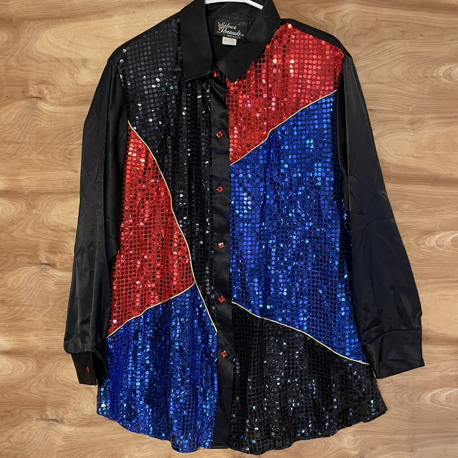 VTG Silver Threads Womens XLBlack Satin Sequins red blue western Top Shirt USA
