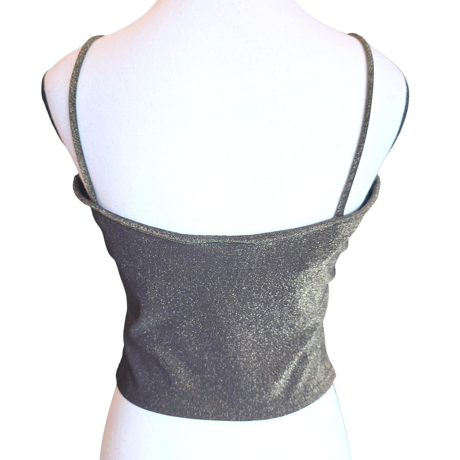 VTG 90s Mirrors Black Gold Metallic Cami Top Large Beaded Fringe Handkerchief L