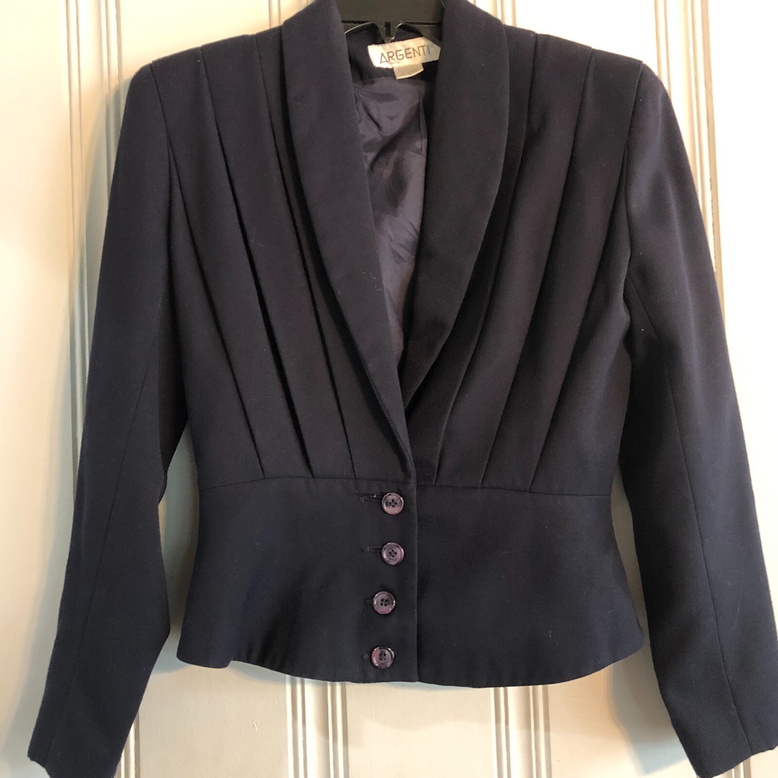 90’s Corporate Chic Navy Blue Women’s ARGENTI Blazer Jacket Fitted Cropped 6