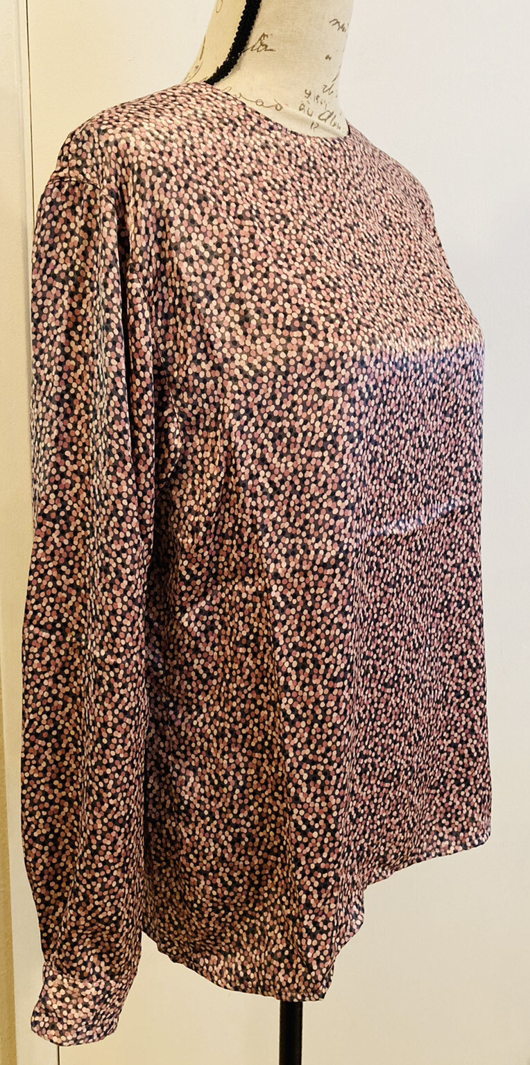 EVAN-PICONE Pullover Blouse Rear Button Gray Pink Polka Dots Long Sleeve 12 Vtg