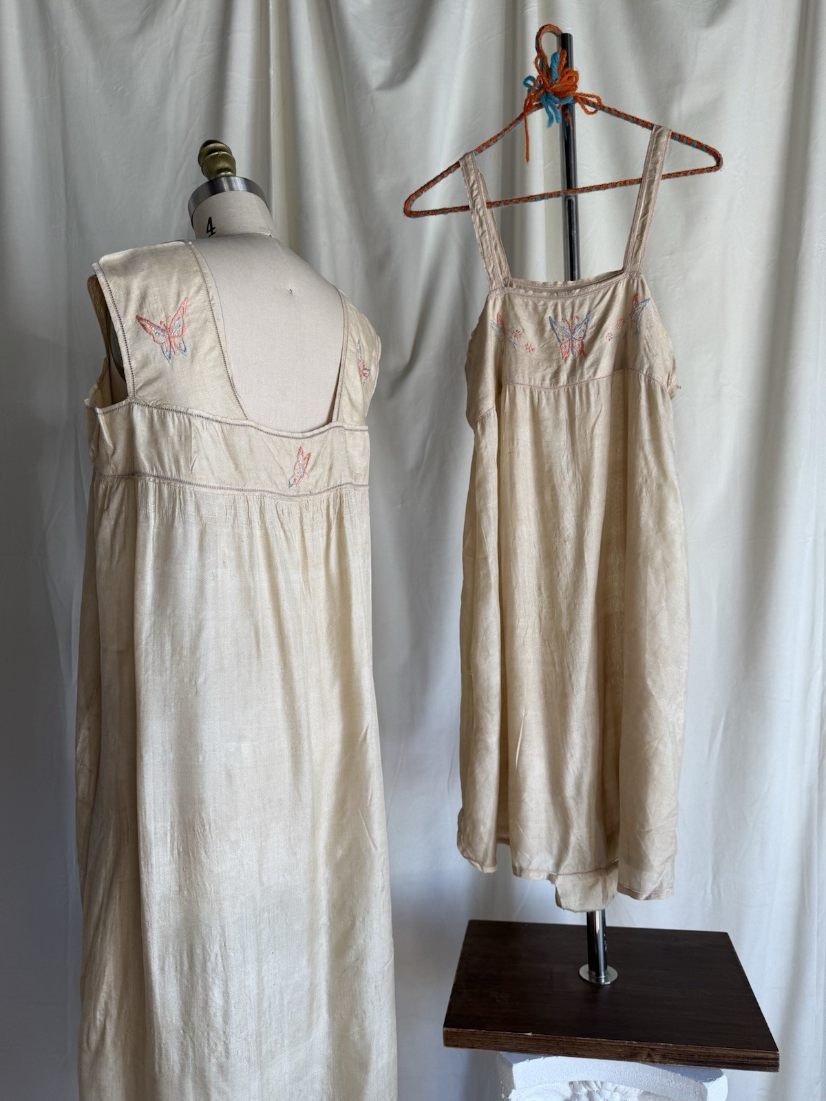 Antique 1920’s Pongee Slip Step-in Butterfly Embroidery Chemise Écru Silk Set