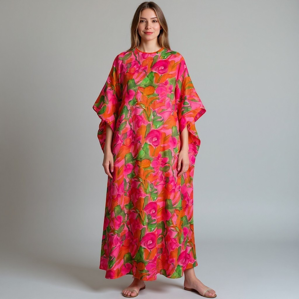 VTG 70s Georgie Keyloun Floral Caftan Dress Sheer Neon Pink Orange ILGWU READ