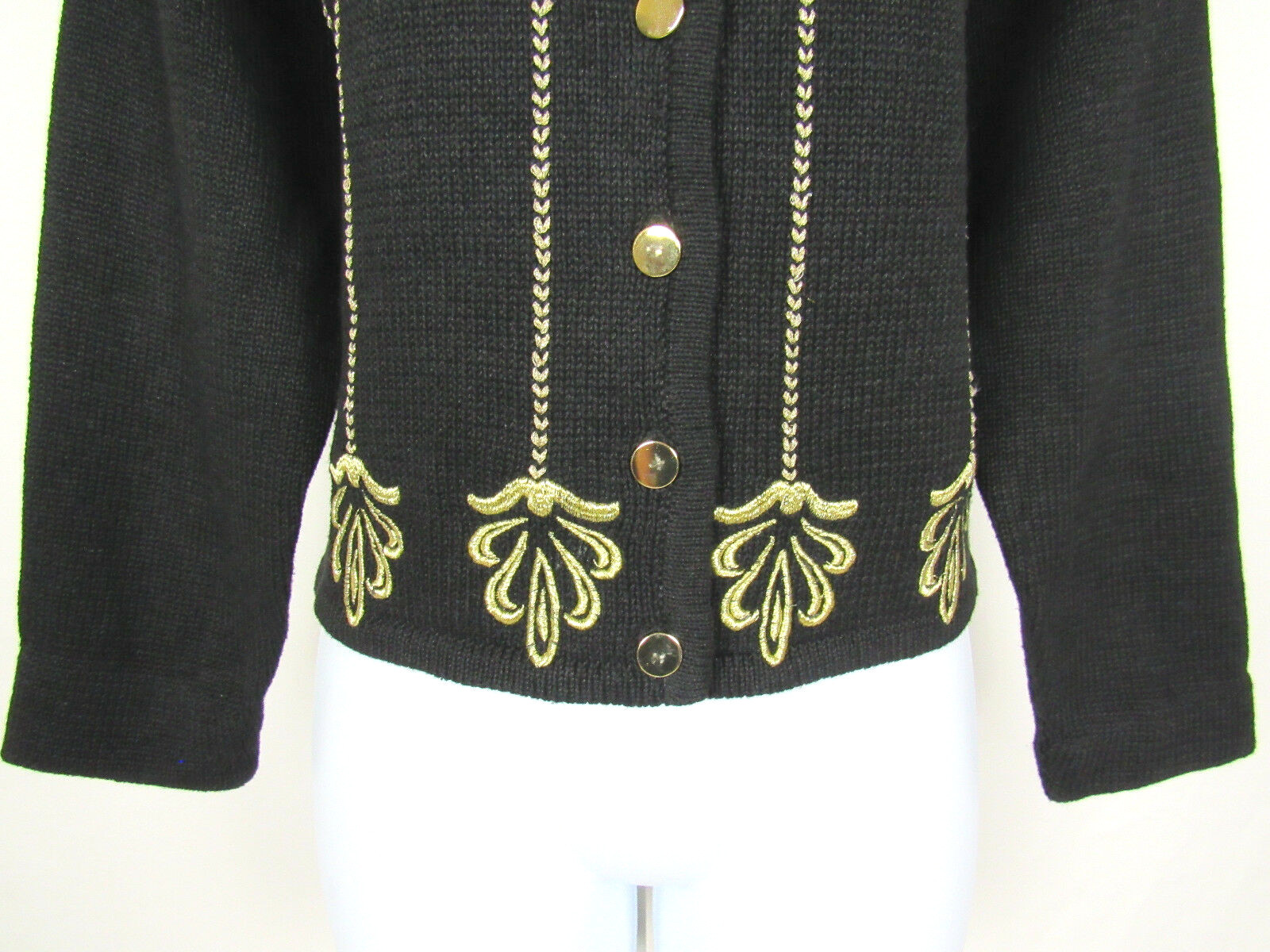 VTG 1980s LISE J. BLACK COTTON RAMIE MEDIUM GOLDEN EMBROIDERY GOLDEN BUTTONS