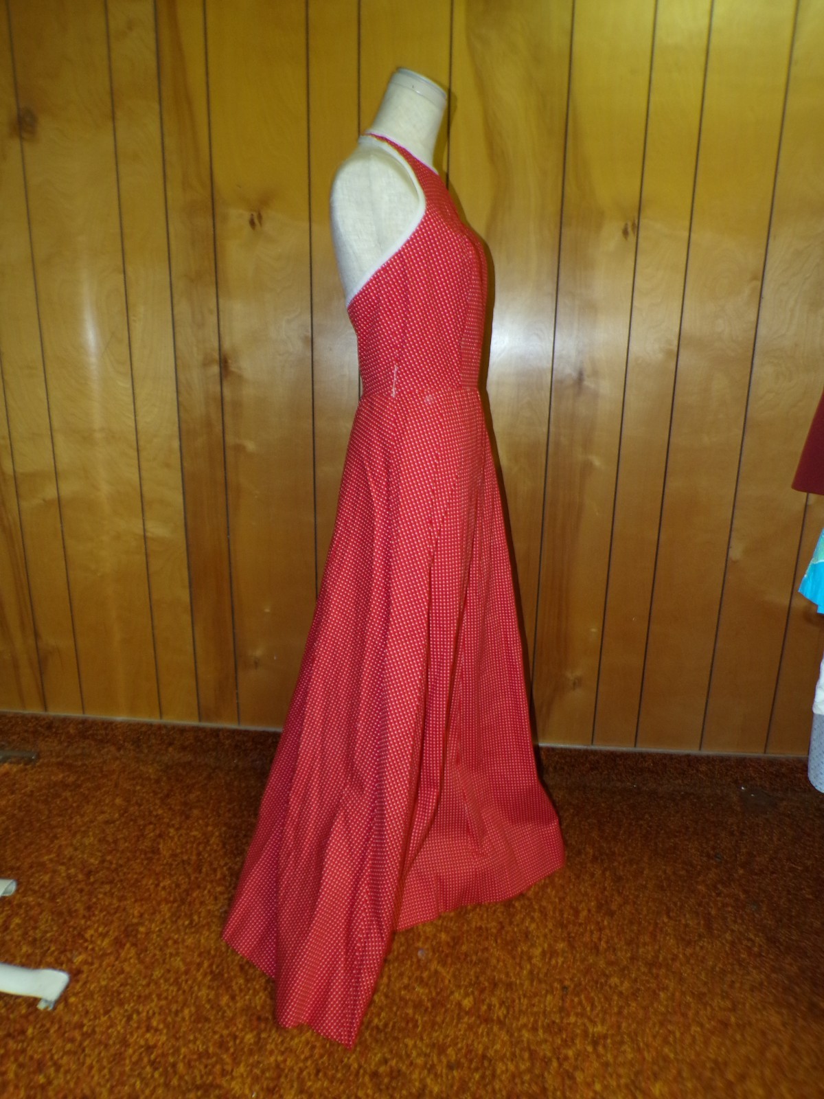 Vintage Red w/ White Polka Dots Halter Maxi Dress Handmade 25″ Waist