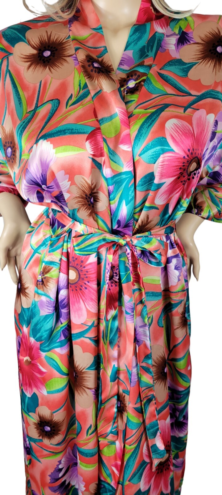 Vtg Sears Just For Women Tropical Floral Satin Maxi Caftan Kimono Robe One Size
