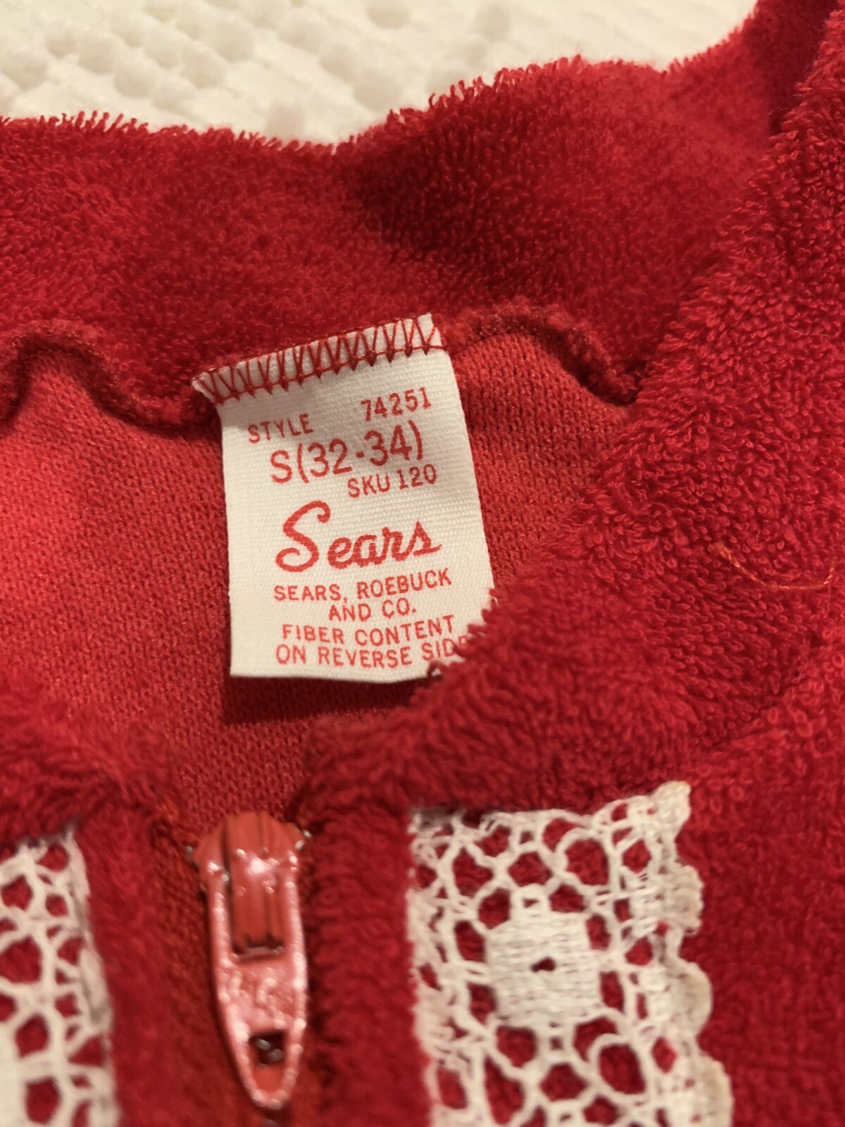 VTG Sears Women’s S 32/34 Red Zip Up Sexy 1 Piece Loungewear Stretch Terry Knit